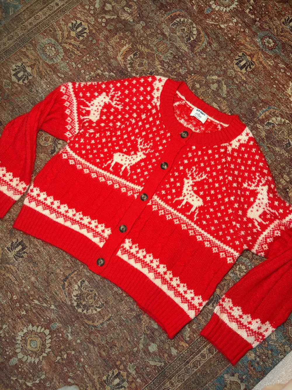 Old Navy Red and White Reindeer Fair Isle Cardigan Sweater - Women